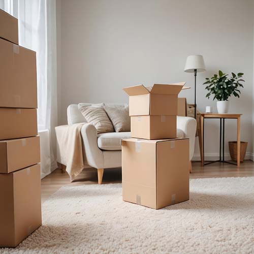 Living room with stacked boxes, ready for the move. Concept of Moving Day. New home.Moving house day and real estate concept. Stacks of cardboard boxes for removals.AI generated