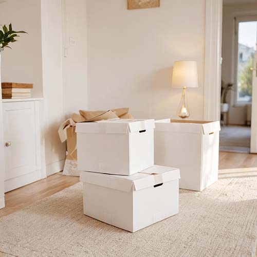 White carboard boxes, prepared for the move. Concept of Moving Day. Stacks of cardboard boxes for removals in a ligh modern room.New home.Moving house day and real estate concept. AI generated