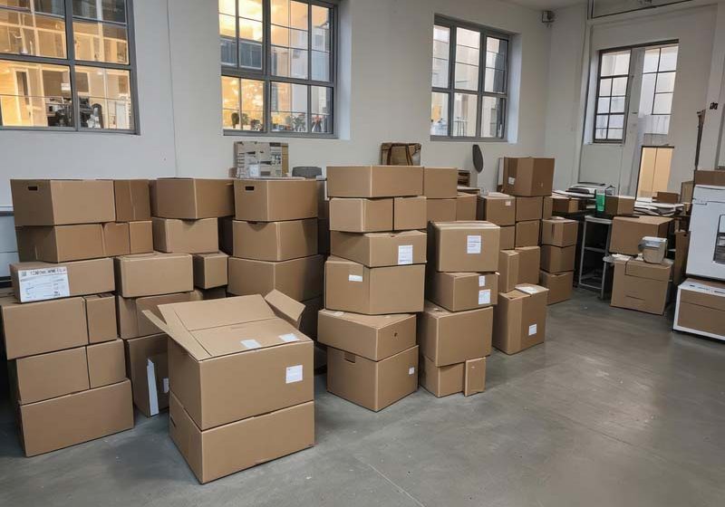 Several cardboard boxes outside the office, ready to be moved. Moving day and real estate concept.Stacks of brown cardboard boxes .Horizontal shot. AI generated